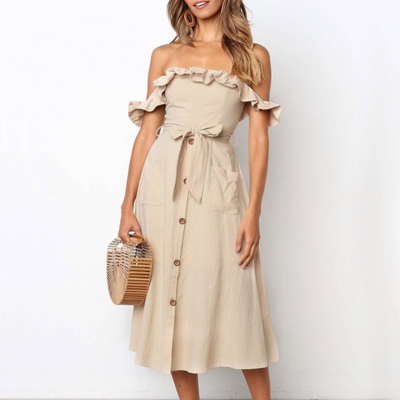 Rouge! Dresses & Skirts - Off Shoulder Fit and Flare Midi Belted Dress